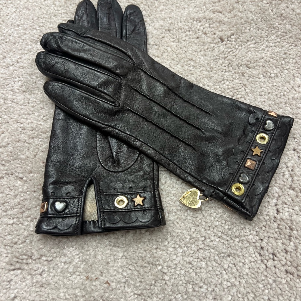 Moschino Brown Leather Studded Gloves w Silk Lining New Size 7